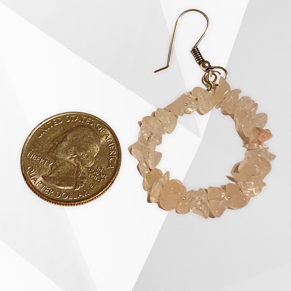 Hand Crafted Rose Quartz Chip Earrings Dangle Hoop Pink Stones Boho Pierced - Picture 2 of 7